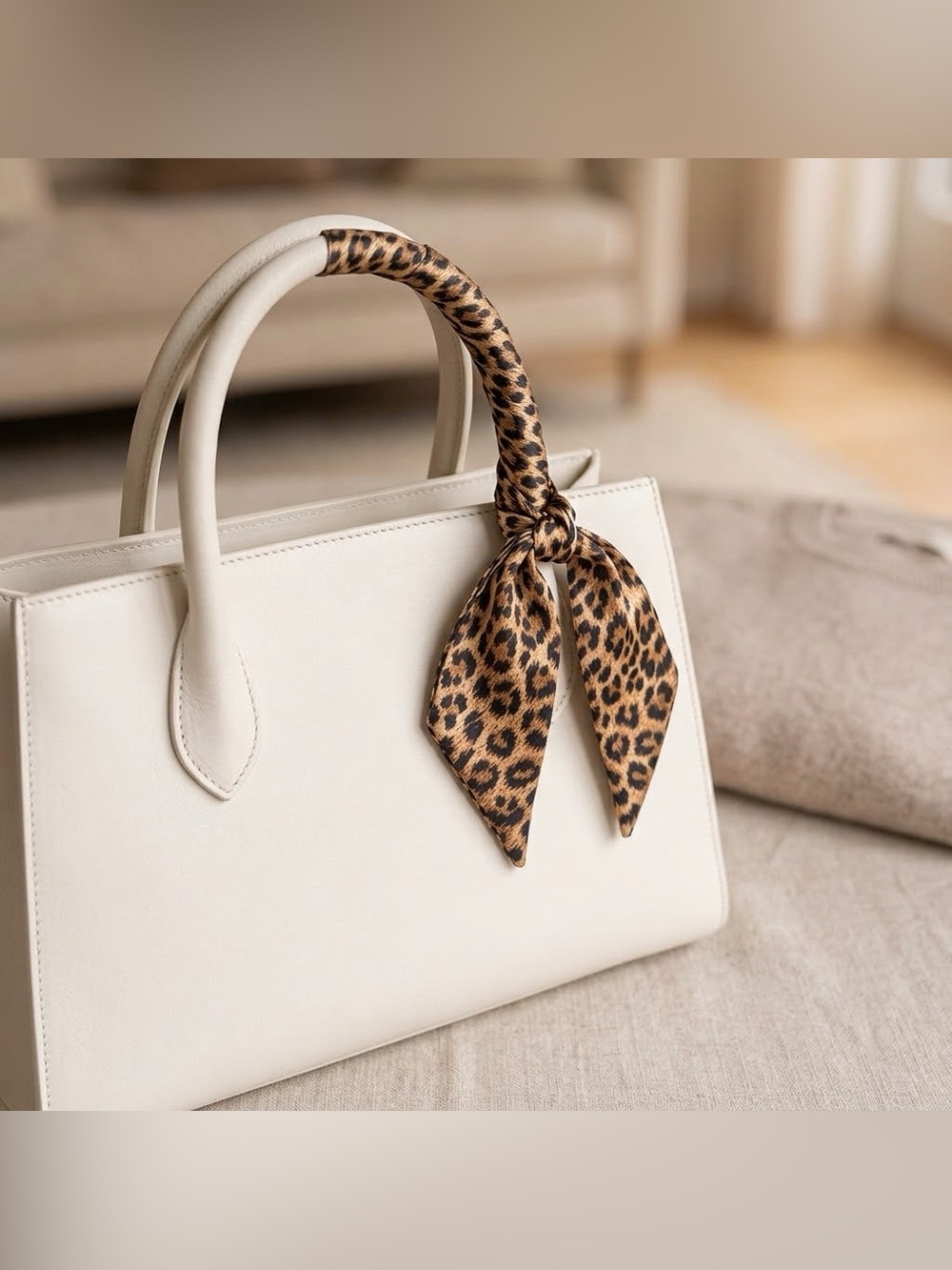 Leopard Print Twilly Scarf Hair Bag Tie Satin Brown and Gray Tones Set of 2